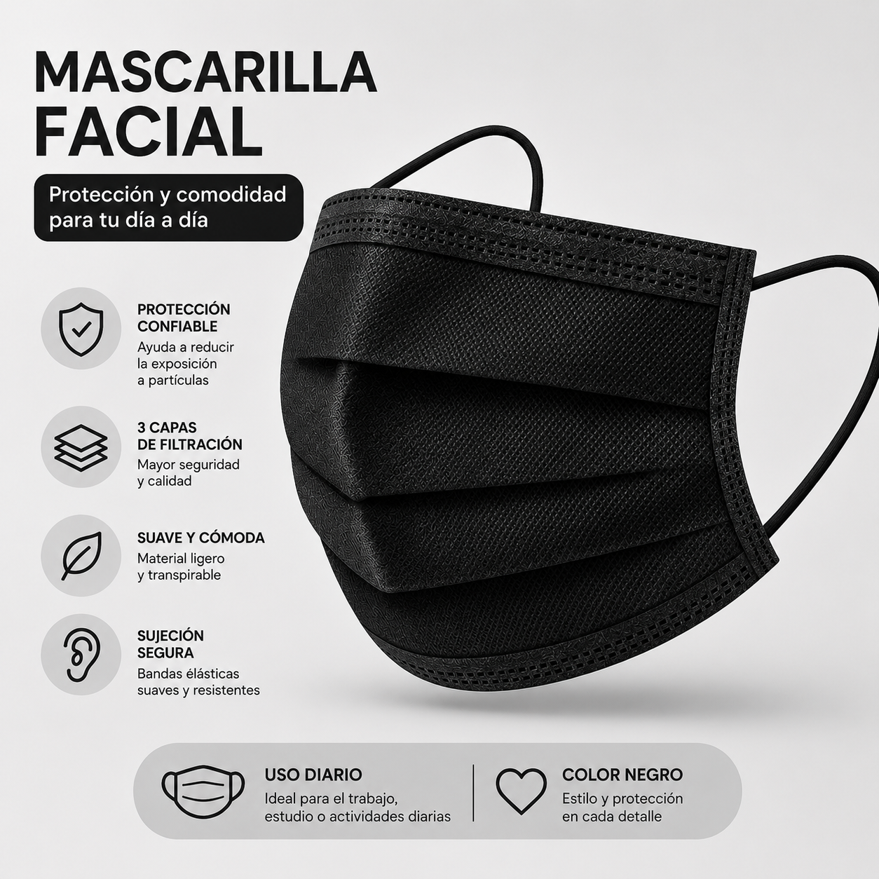 Mascarillas Desechables Negras - 50 Unidades