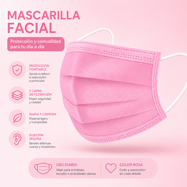 Mascarillas Desechables Rosadas - 50 Unidades
